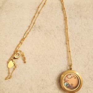 Gold Origami Owl locket with 18in chain and floating charms
